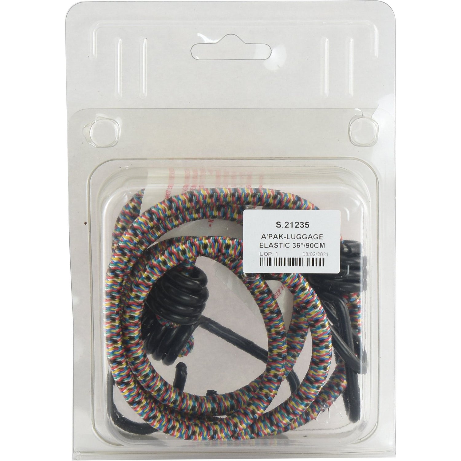 A packaged multi-colored elastic bungee cord with hooks at each end. The label reads “A\\'PAK-LUGGAGE ELASTIC 36''/90CM - S.21235.” Manufactured by Sparex, this durable polypropylene cord ensures reliability and strength.