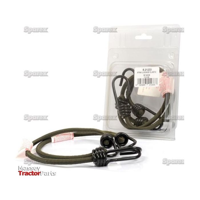 A packaged pair of green bungee cords with polypropylene plastic hooks at each end. The packaging, branded as Sparex, has a visible label with the number S.21233 and the name A'PAK-LUGGAGE ELASTIC 18''/45CM. A spare set is taken out and placed next to the package.