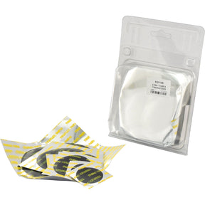 Clear plastic packaging containing circular white filters and self-vulcanizing repair patches, labeled as A'PAK - TUBE & TYRE PATCHES (Sparex Part No. S.21140) by the brand Sparex, with additional wrapped filters placed nearby.