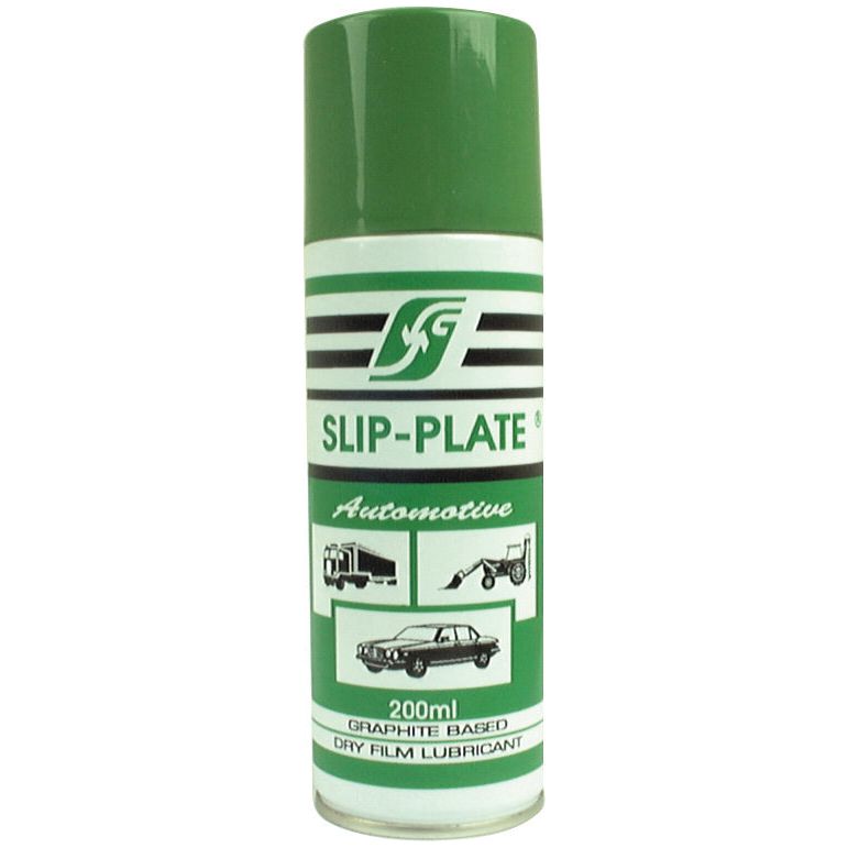 A 200ml can of Slip-Plate Automotive graphite-based dry lubricant from Sparex, branded as A'SL-SLIPPLATE-200ML (Sparex Part No. S.18399), features a green and white label with illustrations of a truck, car, and tractor. This lubricant effectively prevents dirt buildup and protects tools and equipment efficiently.