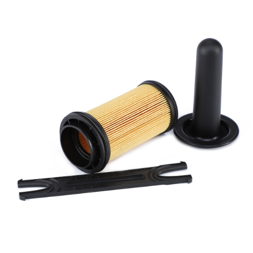 The Fendt - Ad Blue Filter (F835201110090) by AGCO is a cylindrical air filter with a plastic housing, a black plastic handle, and a flat black mounting frame laying on a white background. This component is compatible with Fendt Vario SCR models and ensures reliable performance akin to Genuine AGCO Fuel Filters.