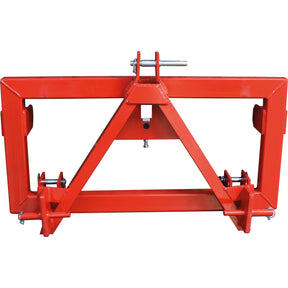 The Sparex Adapter from Euro Norm to 3-point linkage (Cat. 2) - S.143494 is a red metal bracket designed for agricultural or industrial use, featuring a triangular frame and connecting pins. Compatible with the Battioni Pagani Pomp MEC13500D, it includes comprehensive manufacture information for optimal utility.