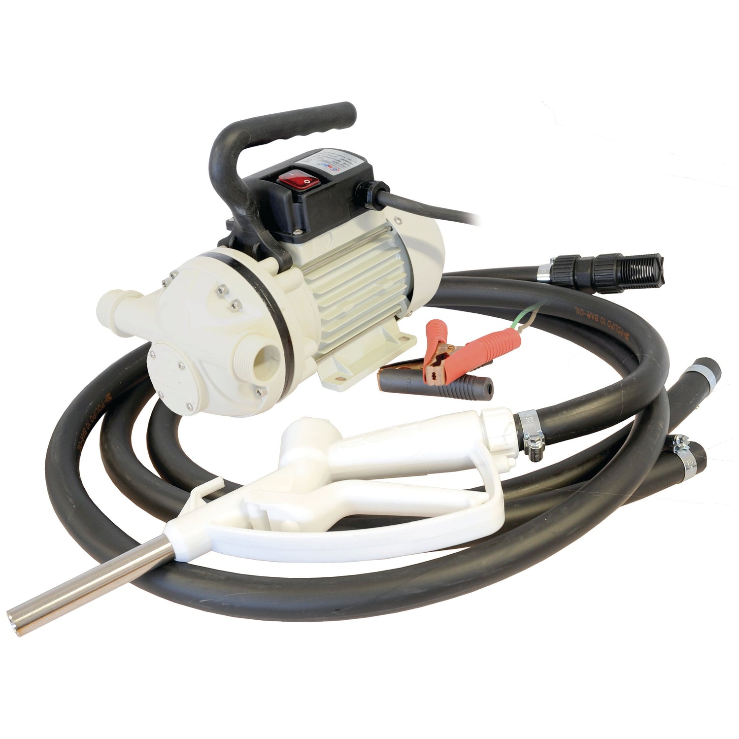 The Adblue Transfer Pump 12v - S.44207 by Sparex is a compact, self-priming electric transfer pump equipped with attached hoses, clamps, and a nozzle, specifically designed for fluid transfer tasks. This diaphragm pump includes a convenient handle and an on/off switch on its body for ease of use.