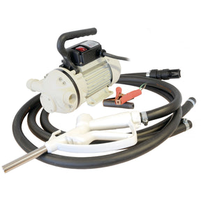 The Adblue Transfer Pump 12v - S.44207 by Sparex is a compact, self-priming electric transfer pump equipped with attached hoses, clamps, and a nozzle, specifically designed for fluid transfer tasks. This diaphragm pump includes a convenient handle and an on/off switch on its body for ease of use.