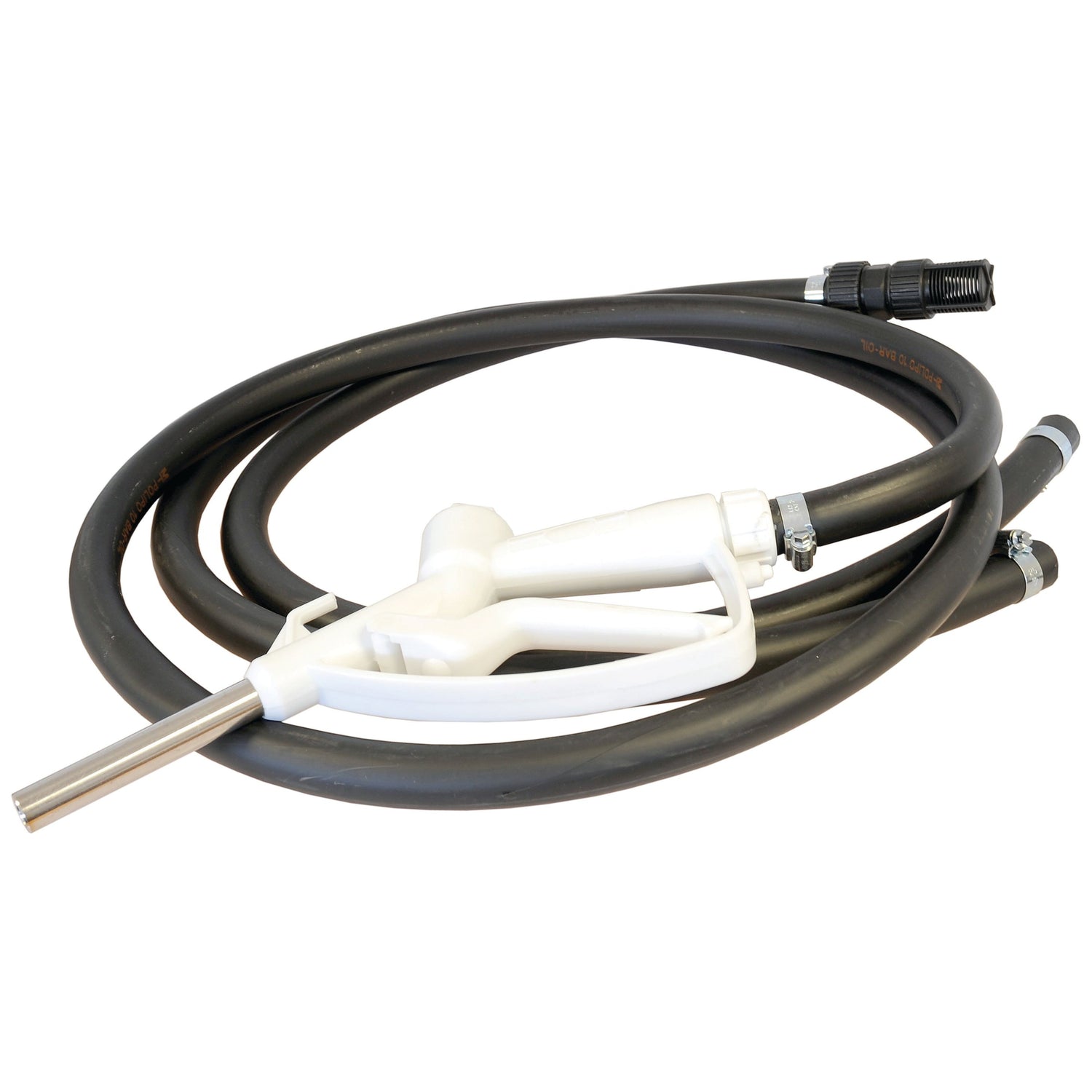 Introducing the Adblue Transfer Pump 12v - S.44207 by Sparex, featuring a coiled black hose with a white fuel dispenser nozzle, metal tip attached, and an integrated self-priming diaphragm pump.