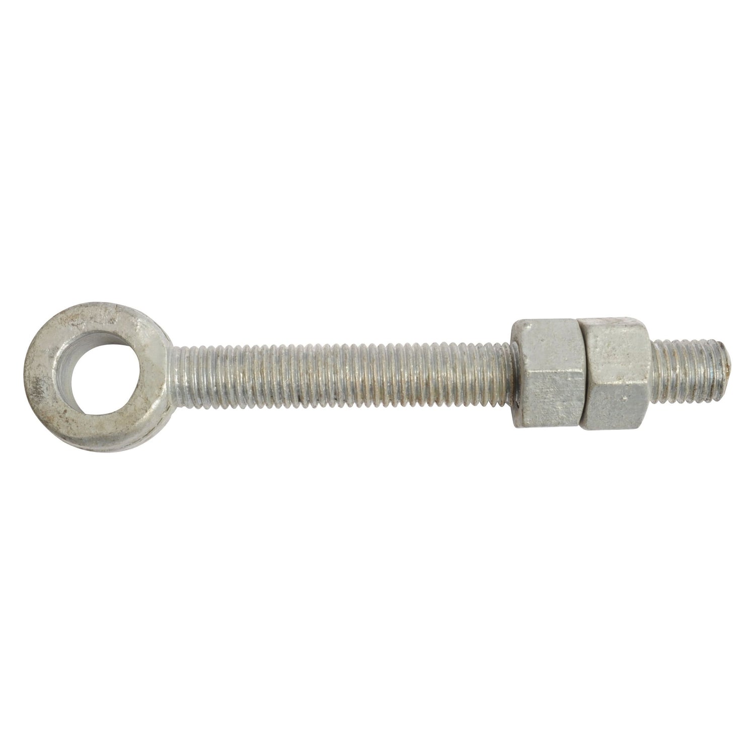 A Sparex Adjustable Gate Eye Bolt, thread size M20 x 64mm with a hole diameter of 19mm and length of 100mm, comes with a threaded shaft and two hexagonal nuts positioned along the thread. This BZP eye bolt, Sparex Part No. S.55508, is ideal for various applications.