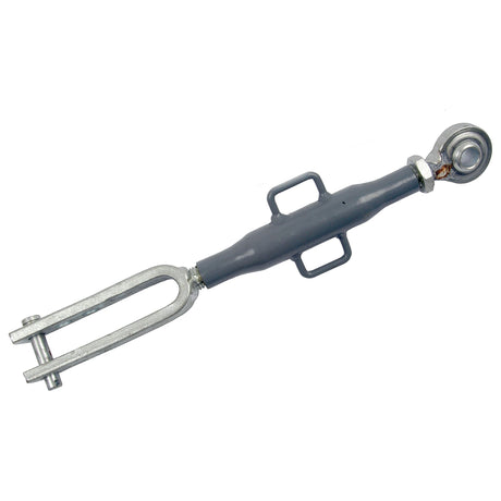 A metal turnbuckle with a gray body and a forked end, often used for tensioning and adjusting the length of cables, rods, and ropes, is essential in many applications. The Levelling Box Assembly - Ball Ø 16mm- Fork Hole Ø 14mm - Min. Length: 331mm - M20x2.5 Metric (Sparex Part No.S.70549) by Sparex is particularly noteworthy for its durability.