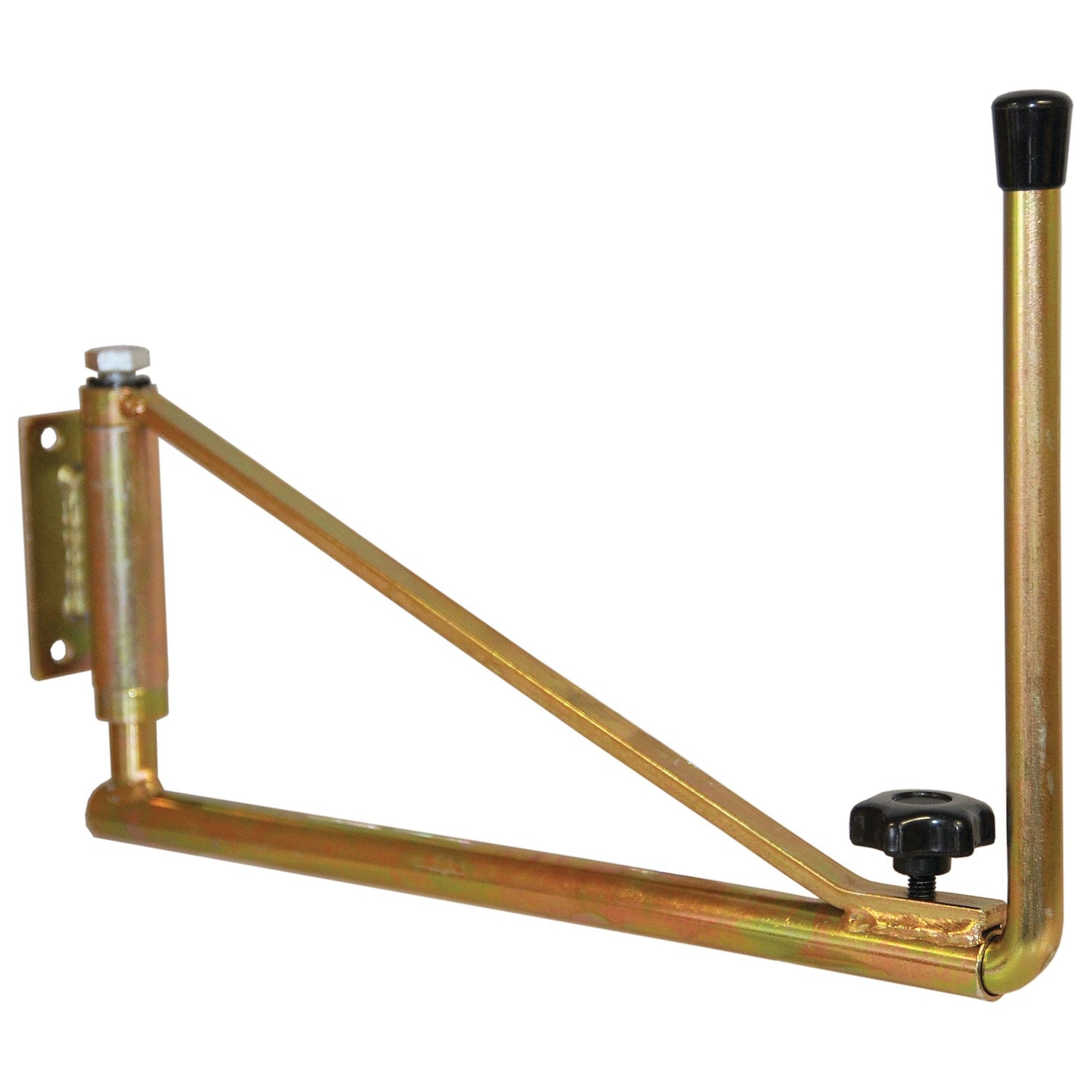 The Sparex Adjustable Mirror Arm (345 - 610mm) RH & LH, Part No. S.14709, is a gold-colored metal wall mount bracket featuring an adjustable knob and arm, perfect for supporting equipment or objects. This versatile mount is compatible with both RH and LH setups.