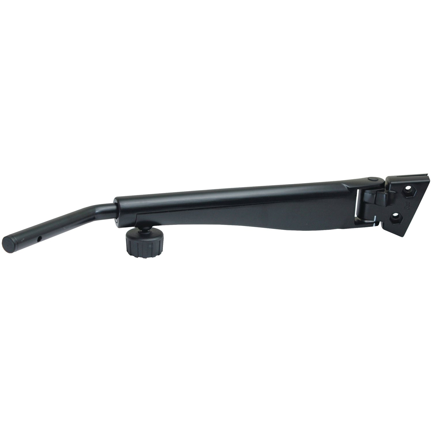 A black metal door closer featuring a Sparex adjustable mirror arm (650 - 925mm) LH, with a knob for tension adjustment, designed to control the closing of a door.