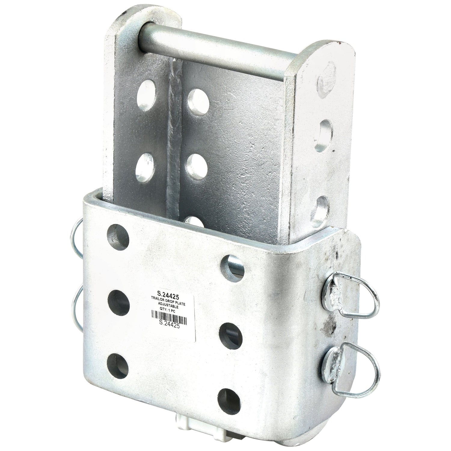 A zinc-plated metallic bracket with multiple holes and a cylindrical pin at the top, used for mounting or supporting structures. A label with a barcode is affixed to the front. The Sparex Adjustable Trailer Drop Plate (Part No. S.24425) ensures durability and reliable performance.