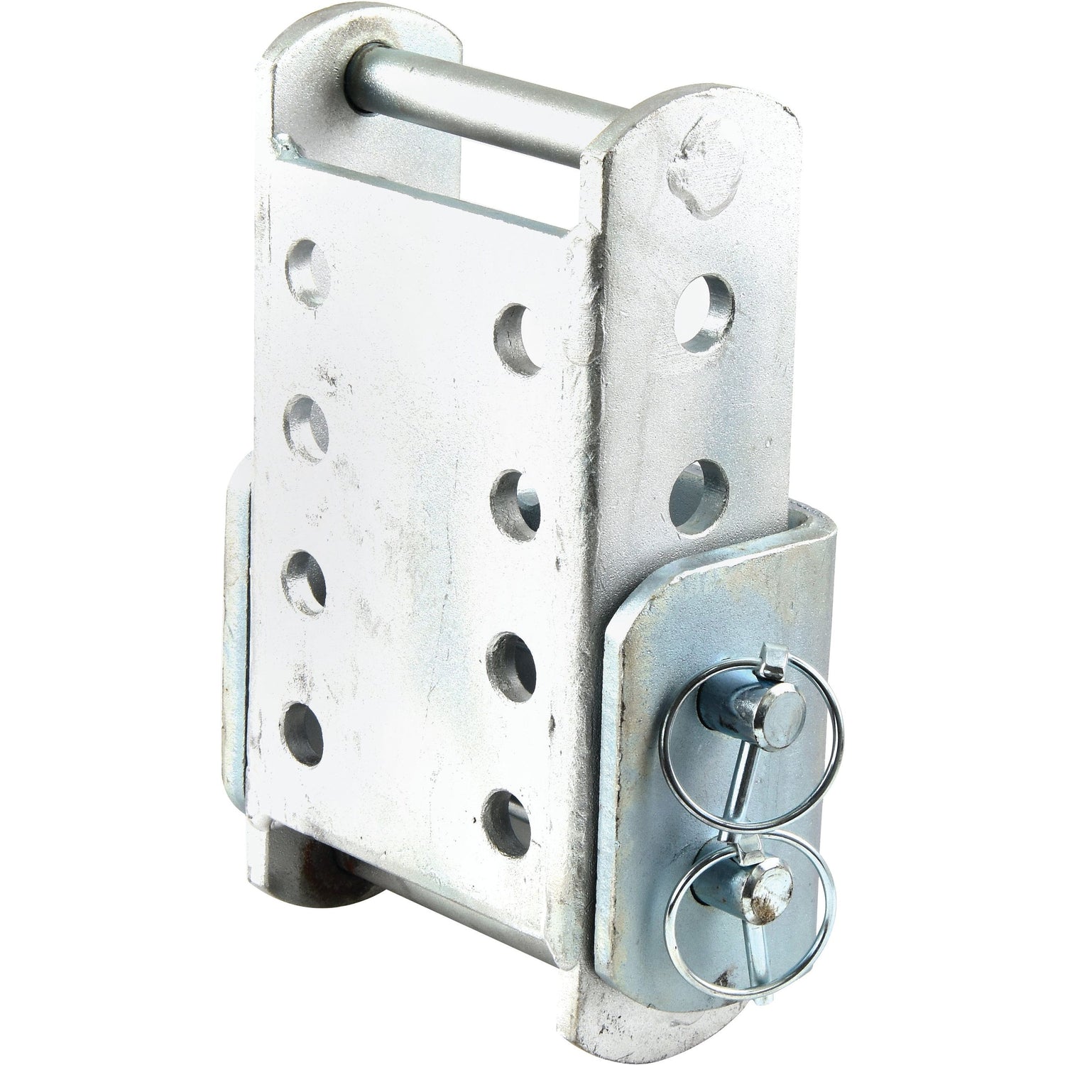 The Sparex Adjustable Trailer Drop Plate (Part No. S.24425) is a zinc-plated metal hinge bracket featuring multiple holes and secured by two locking pins, perfect for use as an adjustable trailer drop plate.