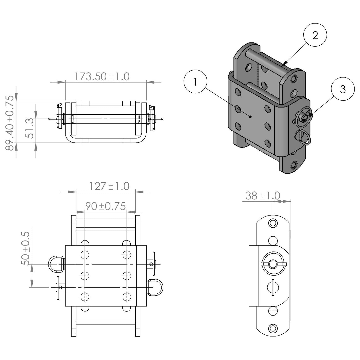 Technical drawing showing various views (front, top, side, and isometric) of a Zinc Plated Adjustable Trailer Drop Plate (Sparex Part No. S.24425) with measurements and labels for three specific points.
