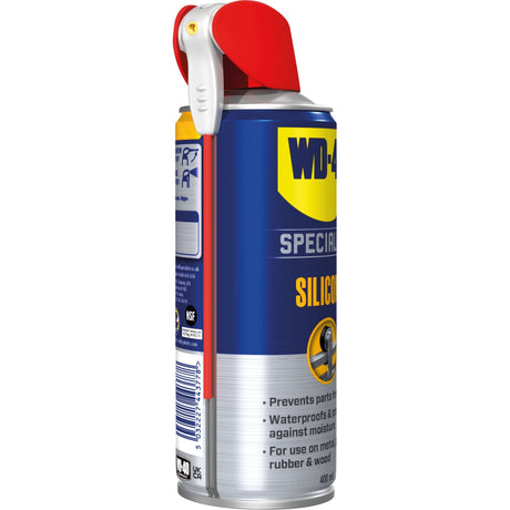 A can of Sparex Aerosol Silicone Lubricant (400ml) - Part No. S.27681, featuring high pressure performance and a red and yellow spray nozzle with Smart Straw technology, is showcased from a side view.