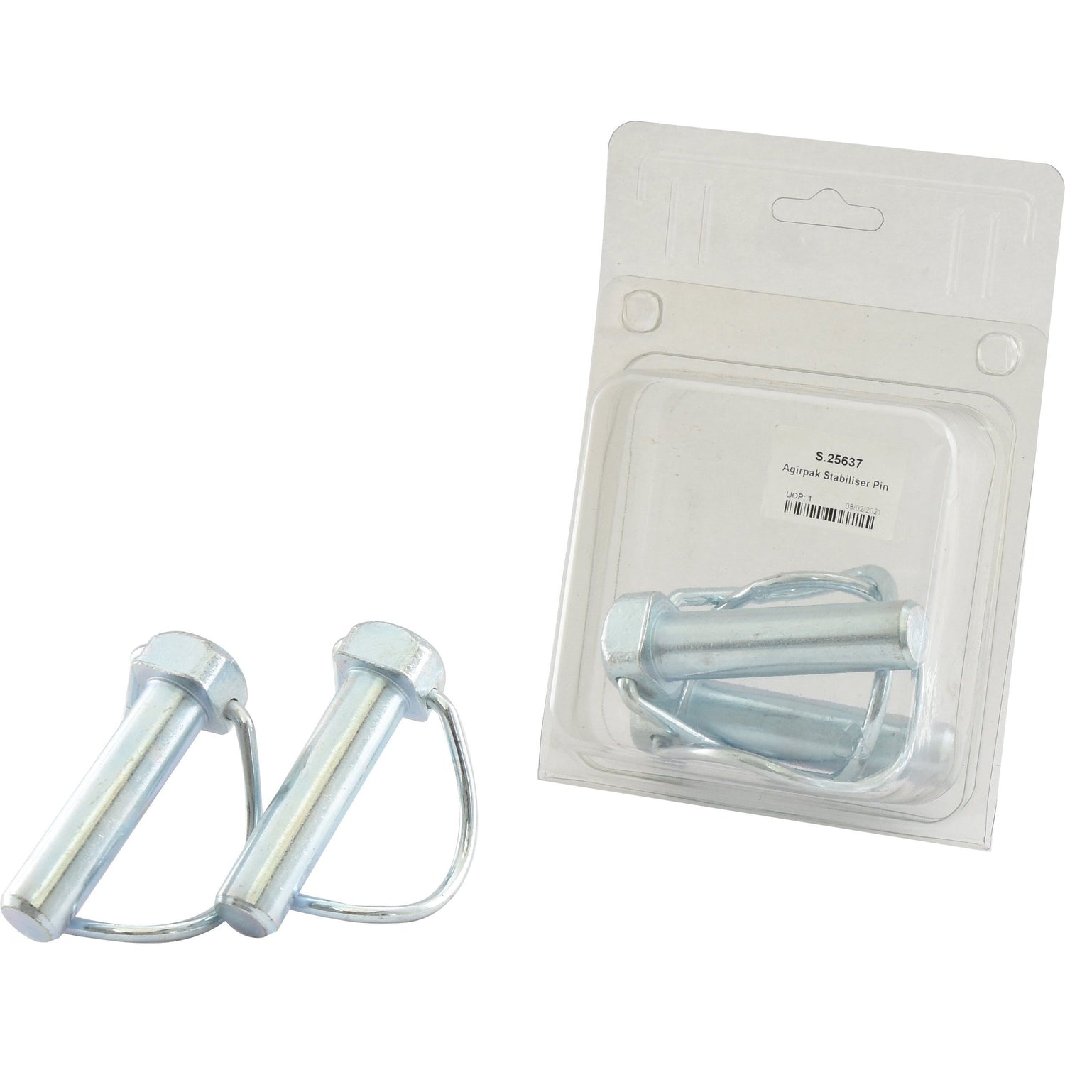 Two metal locking pins with securing clips alongside a packaged set containing three similar pins, displayed on a white background. The set is labeled as the Agirpak Stabiliser Pin, Sparex Part No. S.25637 from Sparex, ensuring durability and reliability for your equipment needs.
