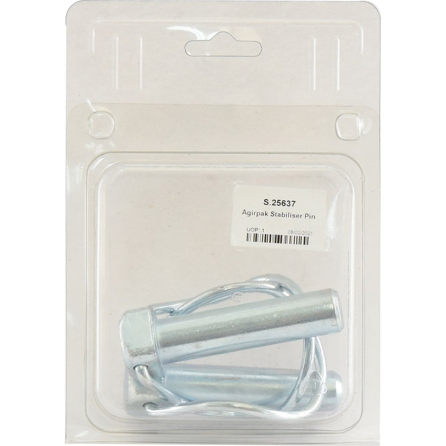 A packaged Sparex Agripak Stabiliser Pin with Sparex Part No. S.25637 visible on the label. The metallic pin comes with a securing clip set in transparent plastic packaging, ensuring it's ready for immediate use.