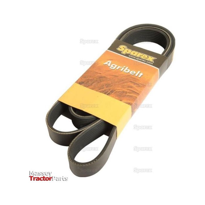 A product photo of a Sparex Poly V / Multi-Rib Belt, PK Section, Belt No. 8PK1475 (Sparex Part No. S.67498), in its packaging, featuring multiple loops of the belt.