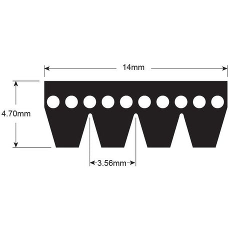 A black and white diagram illustrating the dimensions of a gear-like object. The object, akin to components used in Massey Ferguson machinery, is 14mm wide and 4.70mm high with evenly spaced holes and protrusions, each measuring 3.56mm wide. This design is reminiscent of the Poly V / Multi-Rib Belt - PK Section (Belt No. 4PK1070), offered under Sparex Part No.S.149093 by Sparex.
