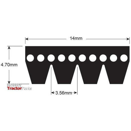 Diagram depicting a black notched blade segment with dimensions: 14mm width, 4.70mm height, and 3.56mm depth of notches. Horizontal row of holes through the upper segment marked "Sparex," ideal for use with a Poly V / Multi-Rib Belt - PK Section (Belt No. 4PK940 | Sparex Part No.S.149080) in agricultural machinery.