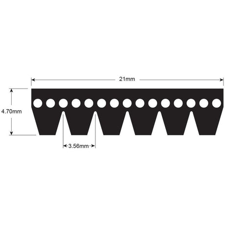 A technical diagram showcases the geometric profile of a Poly V / Multi-Rib Belt - PK Section with triangular protrusions and circular cutouts. The measurements are as follows: 21mm total width, 4.70mm height, and 3.56mm spacing between protrusions; these specifications match those of the Sparex Poly V / Multi-Rib Belt No. 6PK1580 (Sparex Part No.S.73413).