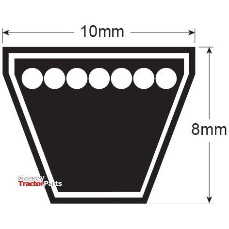 Diagram of a trapezoidal object with dimensions labeled as 10mm at the top and 8mm at the bottom. The trapezoid contains a row of dots. "Sparex" and "Raw Edge Moulded Cogged Belt - AVX Section - Belt No. AVX10x925 | Sparex Part No.S.18669" are written in the lower-left corner.
