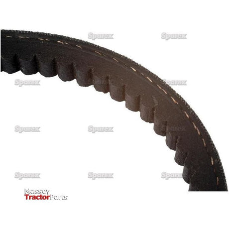 Close-up of a black, toothed belt for Massey tractors. The image includes repeated text watermarks of "Sparex" and a logo reading "Massey Tractor Parts" in the bottom left corner, showcasing the Raw Edge Moulded Cogged Belt - AVX Section - Belt No. AVX10x1075 from Sparex (Sparex Part No.S.18603).