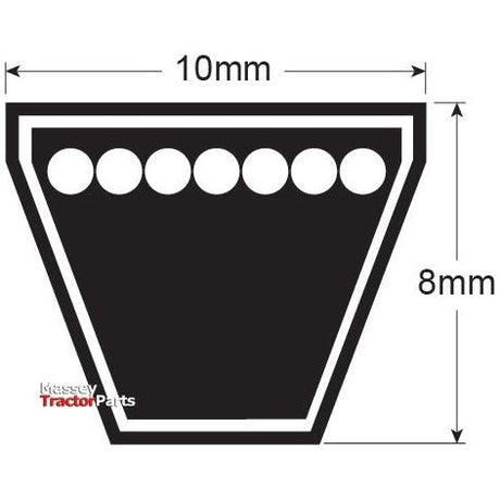 Illustration of a trapezoidal belt with dimensions 10mm at the top and 8mm at the bottom, labeled with "Sparex" and "Raw Edge Moulded Cogged Belt Kit - AVX Section - Belt No. AVX10x1175 (Set of 2) | Sparex Part No.S.25549" at the bottom left.