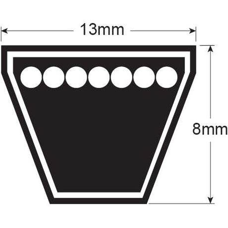 Diagram of a trapezoidal shape, resembling the V Belt - A Section - Belt No. A67 by Sparex (Part No. S.18749), with a width of 13mm at the top and 8mm at the sides. This Sparex design features seven circles inside.