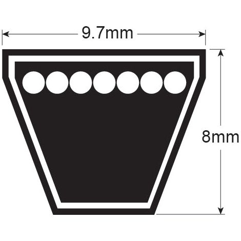 Diagram of a trapezoidal shape with a top width of 9.7 mm, a bottom width of 8 mm, and seven circular features inside the top edge, resembling the cross-section of a Wedge Belt - SPZ Section (Belt No. SPZ1250), specifically from Sparex Part No. S.19074 by Brand Name: Sparex.