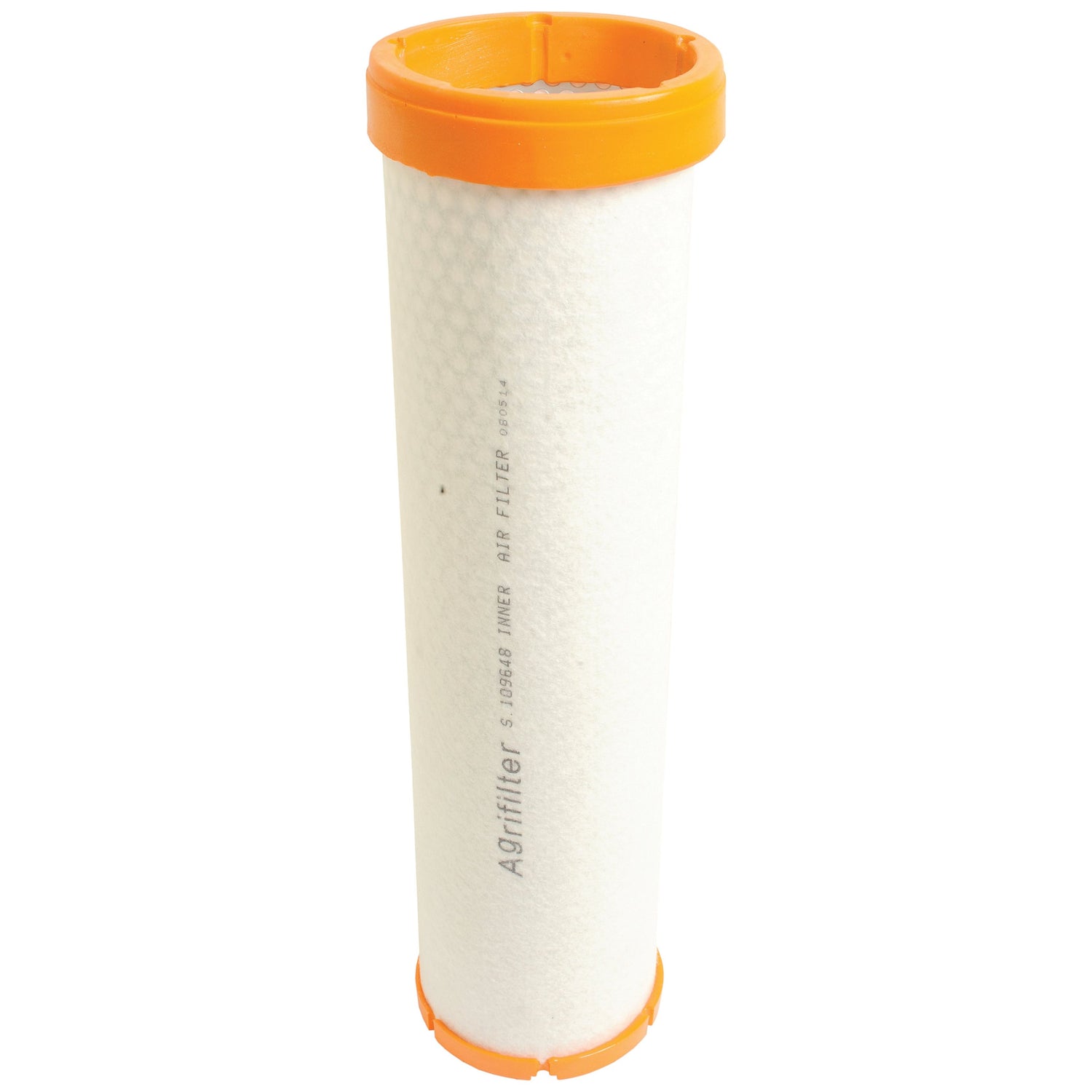 A cylindrical air filter with white, textured sides and orange ends, marked with the text "Sparex S.109648 AIR FILTER," compatible with Case IH machinery.