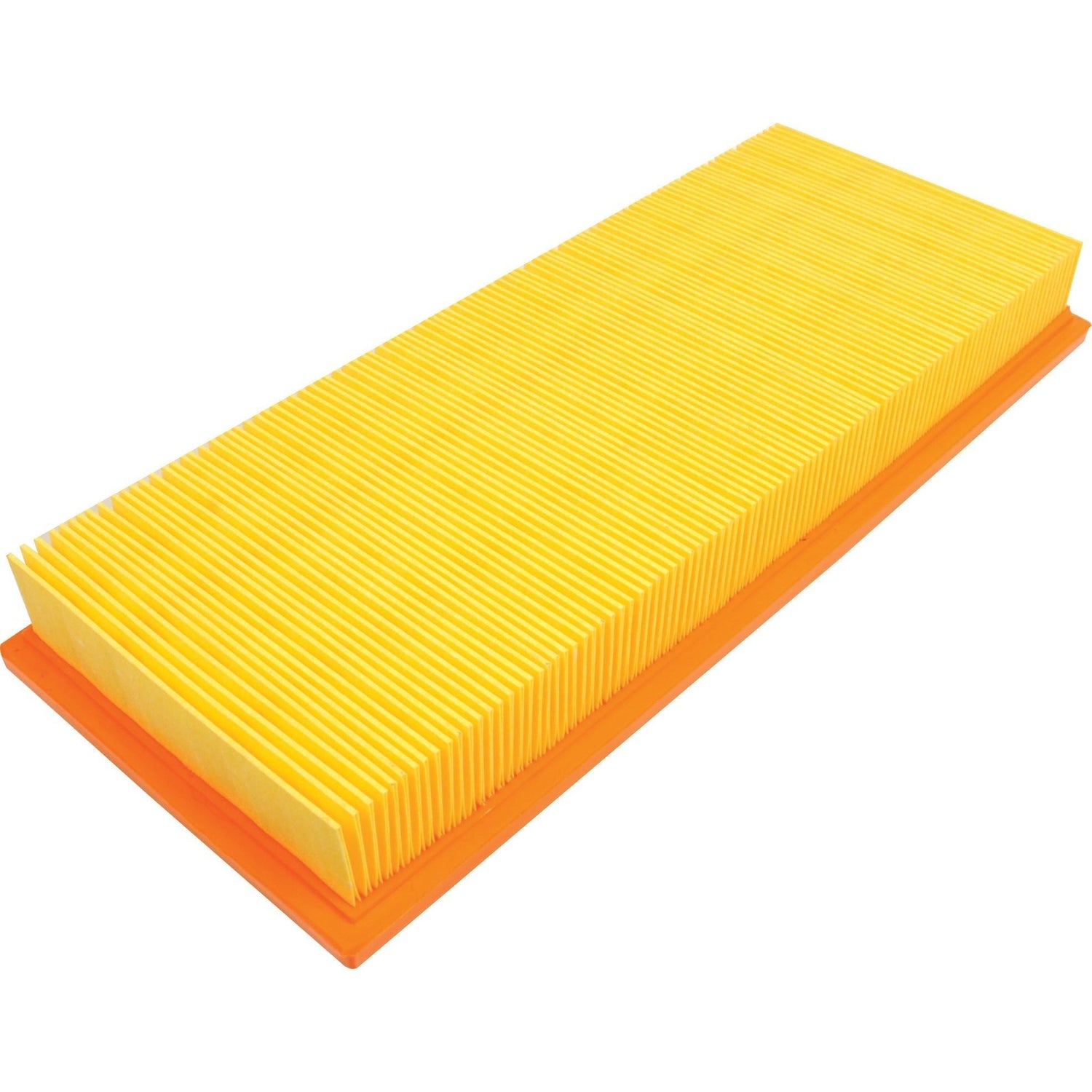 A rectangular air filter with a yellow pleated paper element and an orange rubber frame, similar to the Sparex Cab Filter (Sparex Part No. S.114123).