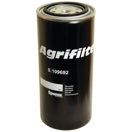 A black cylindrical Fuel Filter - Spin On from Sparex, labeled S.109692, used for mounting and connected to a Spin On Sparx by Fiaam product.