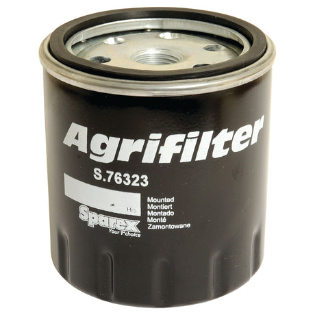 The Sparex Fuel Filter - Spin On, part number S.76323, is a black cylindrical filter featuring "S.76323" and "Sparex" branding. It has a metal top with multiple holes and a threaded center for easy spin-on installation.