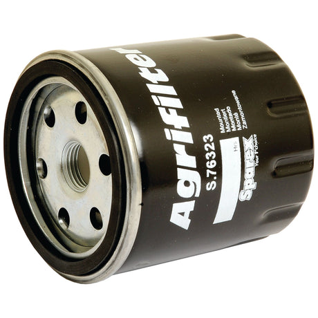 A black cylindrical Sparex fuel filter labeled "S.76323" with metallic threading visible at the open end, featuring a spin-on design by Sparex.