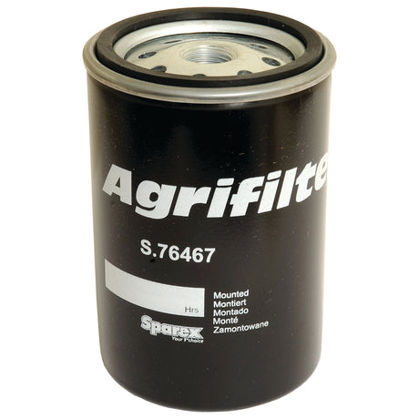 The Fuel Filter - Spin On, known as Sparex Part No. S.76467, is a reliable black cylindrical oil filter with the "Sparex" label displayed in white. This robust filter is designed for compatibility with Valmet & Valtra machinery, ensuring optimal performance and reliability.
