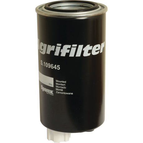 The Sparex Fuel Separator - Spin On (Part No. S.109645) is black with white text on the label, featuring a cylindrical design and a white mounting interface at the bottom, suitable for Case IH fuel separator systems.