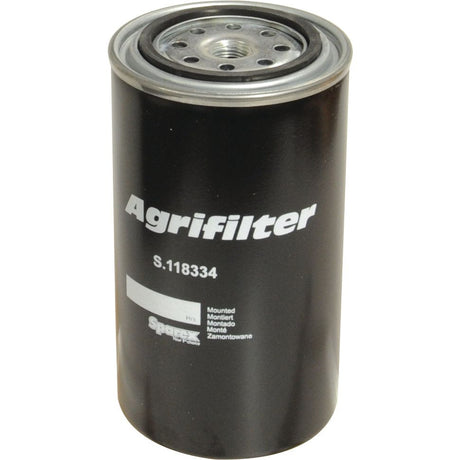 A Fuel Separator - Spin On from Sparex, part number S.118334, comes with mounting instructions in multiple languages and features a black cylindrical housing. It is compatible with Ford / New Holland machinery and Case IH / International Harvester equipment.