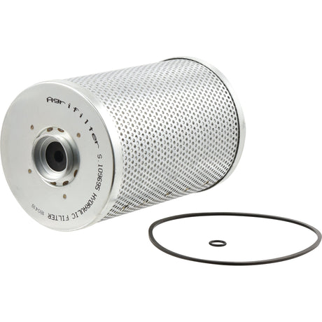 A cylindrical metal hydraulic filter, branded with Sparex, oriented horizontally beside two rubber O-rings. The filter features a perforated outer surface and visible text on the end cap, identified as Hydraulic Filter - Element | Sparex Part No.S.109695.