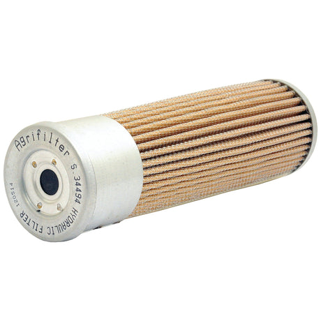 A cylindrical hydraulic filter with a metallic base and pleated filter material, labeled "Hydraulic Filter - Element | Sparex Part No.S.34494," ideal for Fendt tractors, available at Sparex.