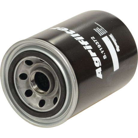Image of a black Sparex Hydraulic Filter - Spin On with a metal top, marked with part number S.119372. The filter shows the central hole and surrounding smaller holes and is compatible with Massey Ferguson models.