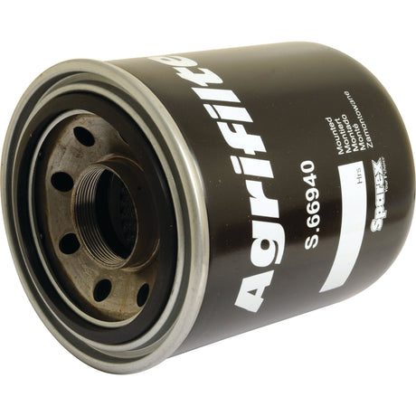 A black cylindrical hydraulic filter, branded "Sparex," labeled "Hydraulic Filter - Spin On | Sparex Part No.S.66940," which is compatible with Case IH and Ford New Holland, featuring a threaded hole and multiple smaller holes on one side.