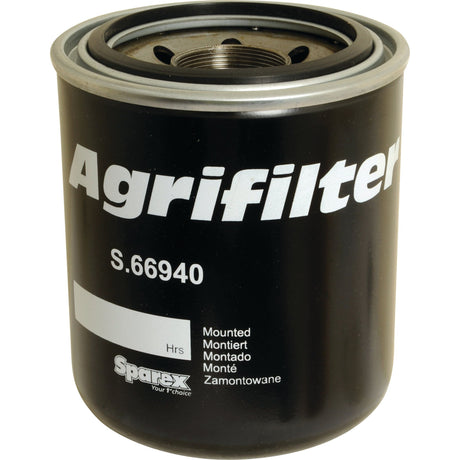 A black cylindrical Sparex S.66940 hydraulic filter, featuring white text and branding, designed for mounting and filtration purposes, ideal for use in Case IH and Ford New Holland machinery.