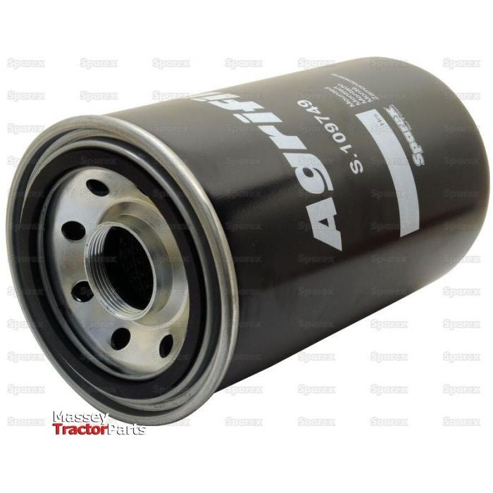 A cylindrical black hydraulic filter labeled "Sparex S.109749" is shown with a metal base and multiple holes around its perimeter. The background includes the words "Massey Tractor Parts" and "Sparex Agrifilter.