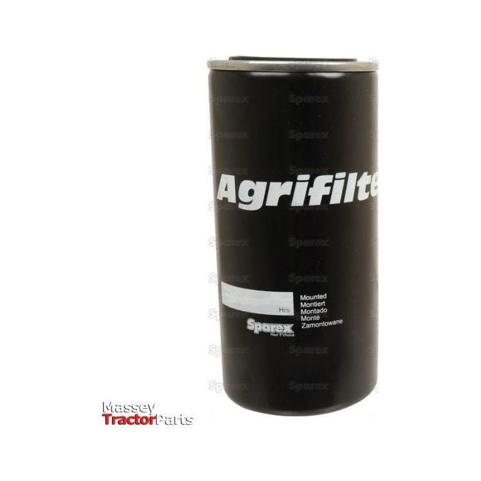 The black Hydraulic Filter - Spin On by Sparex, featuring white text and a silver label, is showcased against a white background with the Massey Tractor Parts logo in the bottom left corner. Perfect for those needing Landini filter replacements, this filter guarantees high-quality performance and reliability.