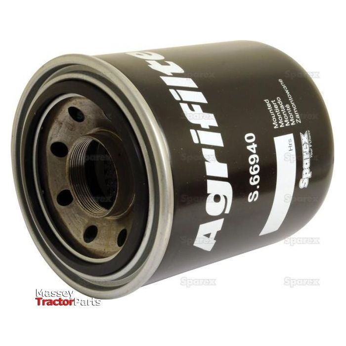 A black Sparex hydraulic filter, model number S.66940, designed for use in Massey Ferguson tractors and compatible with Case IH equipment.