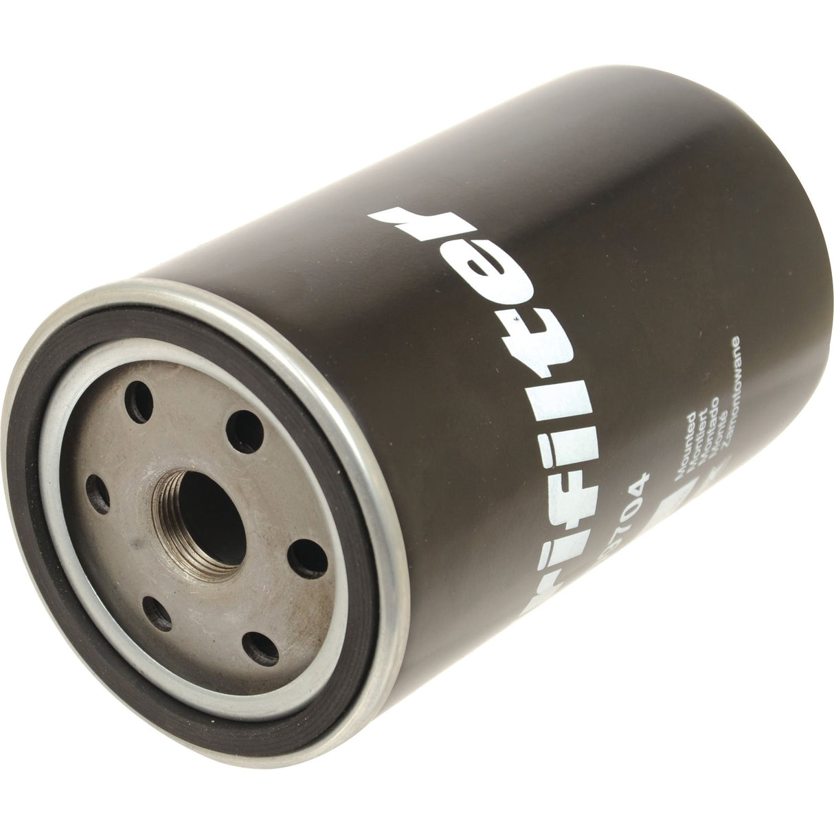 Black cylindrical oil filter with multiple holes on one end, featuring the word "profilter" in white text along the side, compatible with JCB 3CX. This is the Sparex Oil Filter - Spin On | Sparex Part No.S.109704.