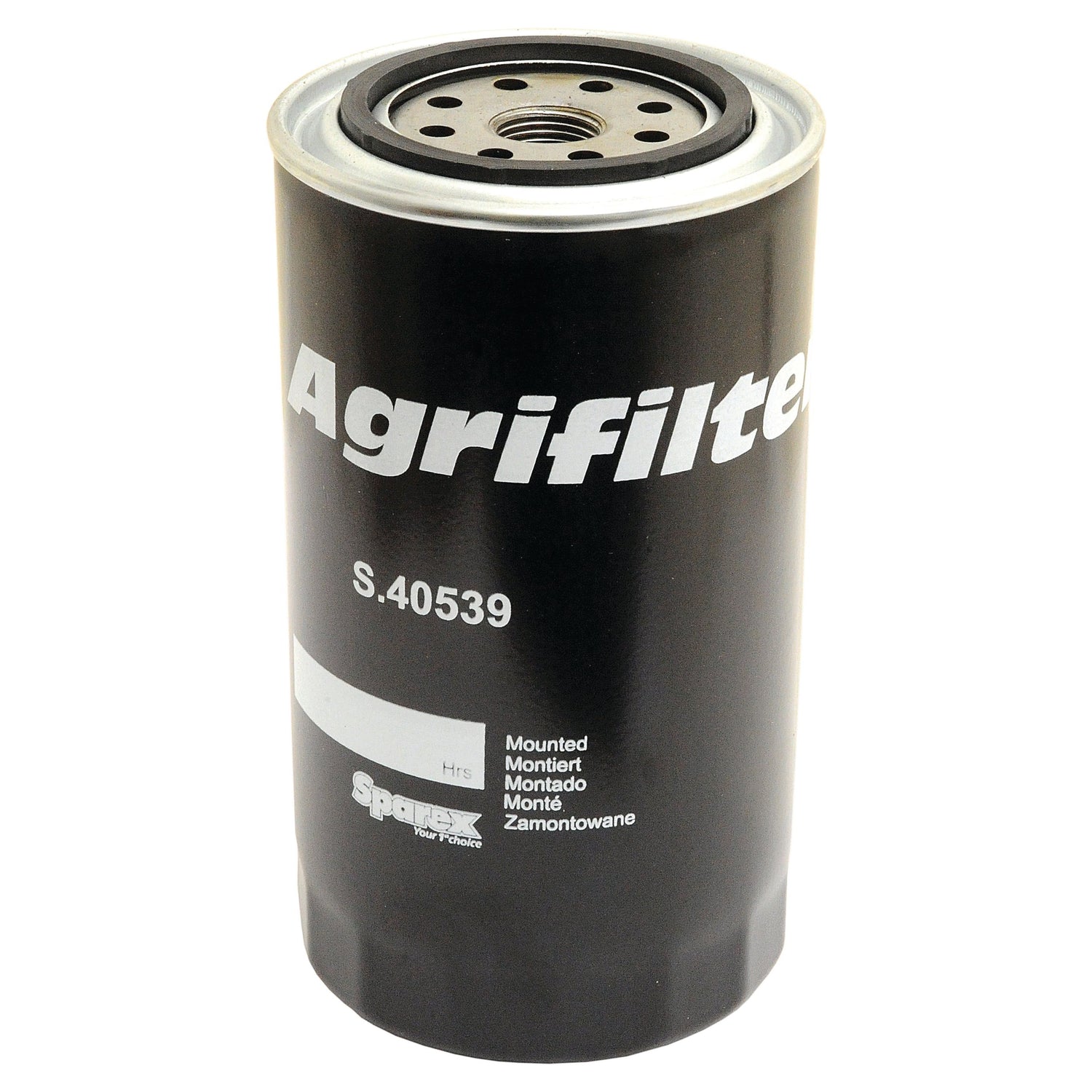 A cylindrical Sparex oil filter (Spin On) with part number S.40539, suitable for Case IH International Harvester machinery, featuring multi-language instructions.