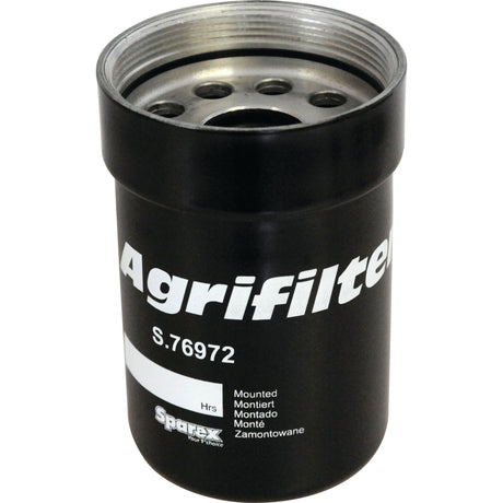 A black cylindrical oil filter, specifically the Sparex Oil Filter - Spin On with part number S.76972, designed for mounting on John Deere Tractors.