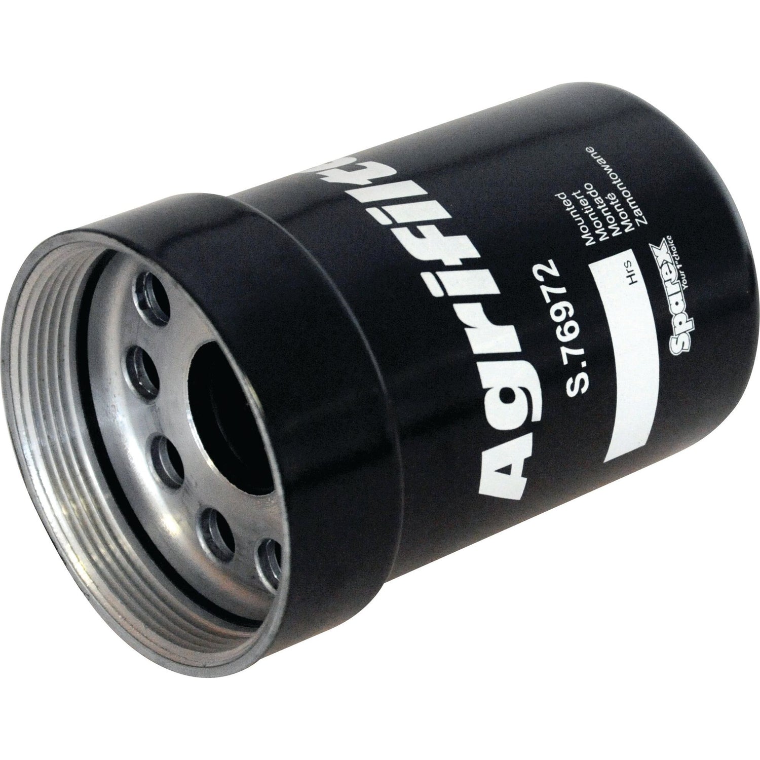 A black Sparex Oil Filter - Spin On (Part No. S.76972) is shown against a white background. Designed for Claas and John Deere tractors, the filter features various inscriptions, including part numbers and specifications.