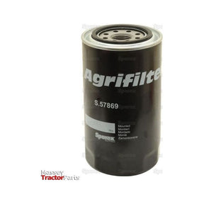 Image of an Oil Filter - Spin On, branded Sparex with the part number S.57869, placed against a plain white background. The words "Massey Tractor Parts" appear in red and black text at the bottom left. Suitable for Case IH tractors and Zetor Forterra series.