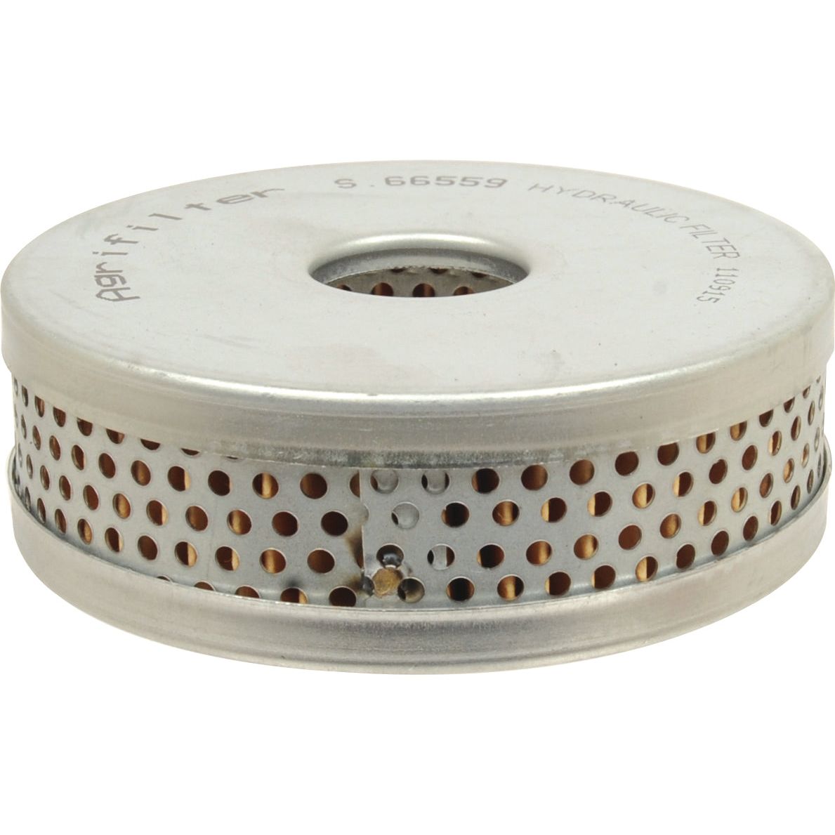 A round, metal hydraulic filter with perforations along its cylindrical body and a central hole, ideal for Ford / New Holland machinery. Text on the top reads "Power Steering Filter - Element | Sparex Part No.S.66559.